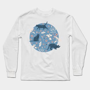 Cats Daisies and Mint Blue and Cream Long Sleeve T-Shirt